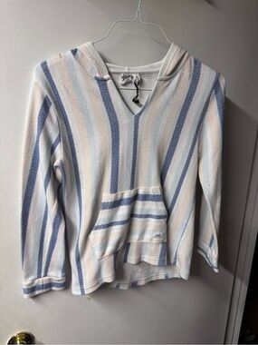 Roxy Striped V-Neck Hooded Pullover in White, Light Blue & Cream